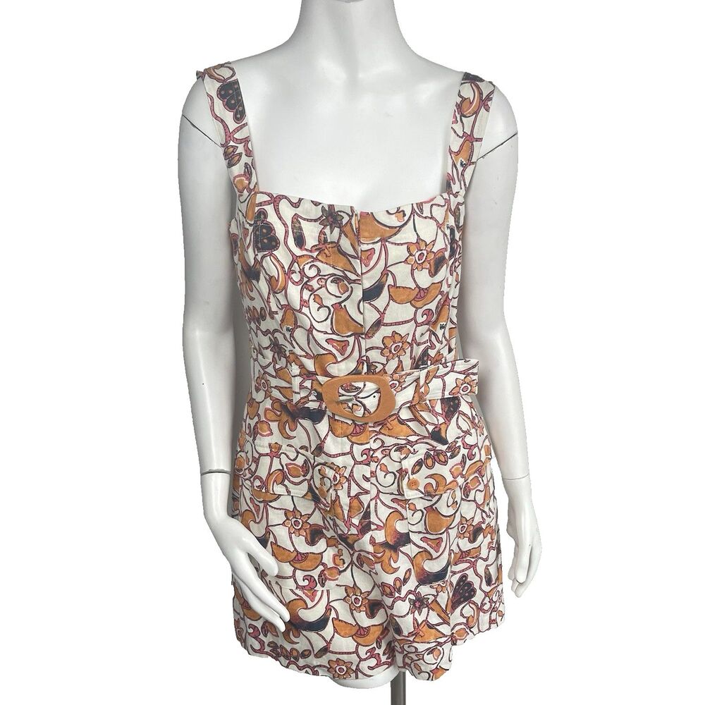 House‎ of Harlow 1960 Linen Blend Romper Buckle Belt 8 Tropical Safari Resort